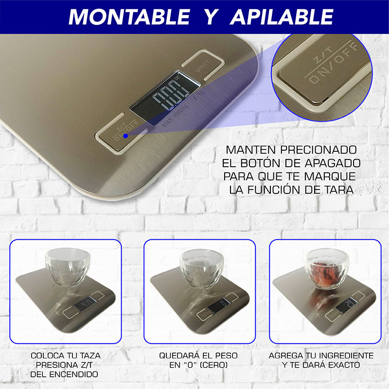 BASCULA DE COCINA DIGITAL MULTI ESCALA, HASTA 10 KGS ACERO INOXIDABLE (PILAS INCLUIDAS)