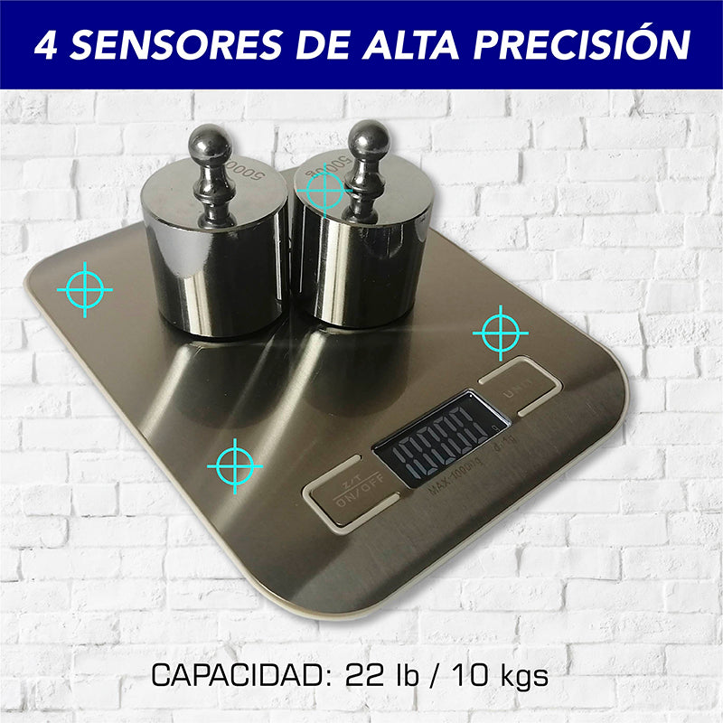 BASCULA DE COCINA DIGITAL MULTI ESCALA, HASTA 10 KGS ACERO INOXIDABLE (PILAS INCLUIDAS)