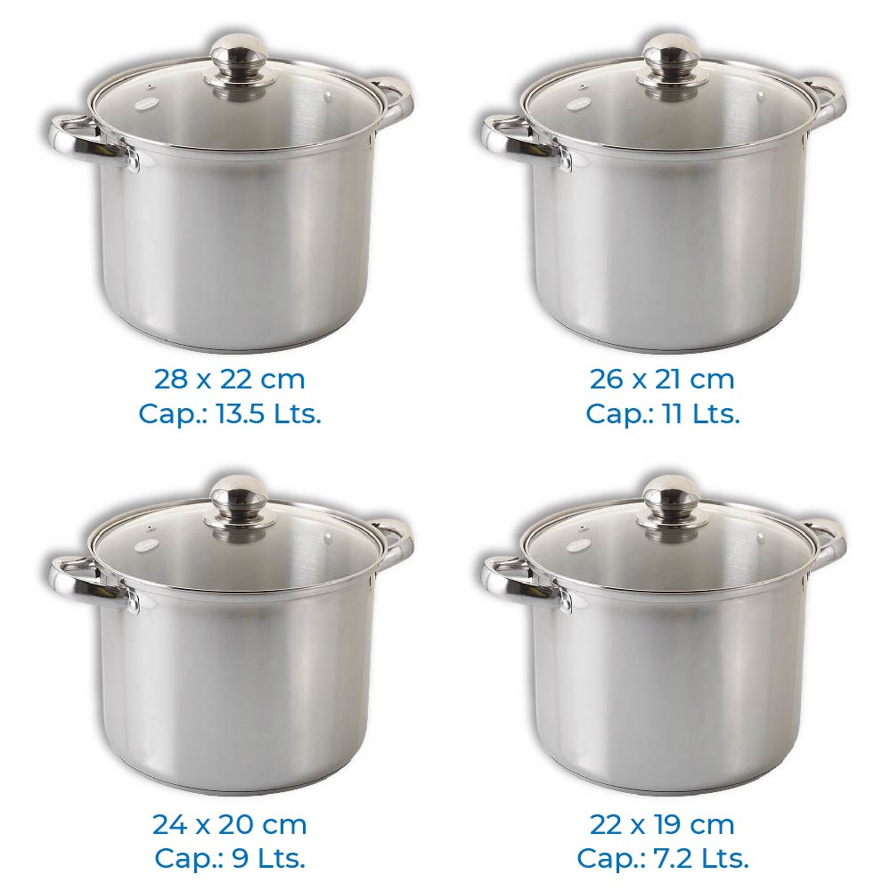 Ollas altas de acero inoxidable con tapas de cristal 8 piezas 28, 26, 24 y 22 cm