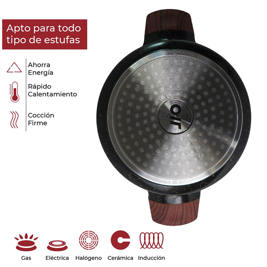 Cacerola Olla Antiadherente cubierta de granito mango tipo madera 32 cm