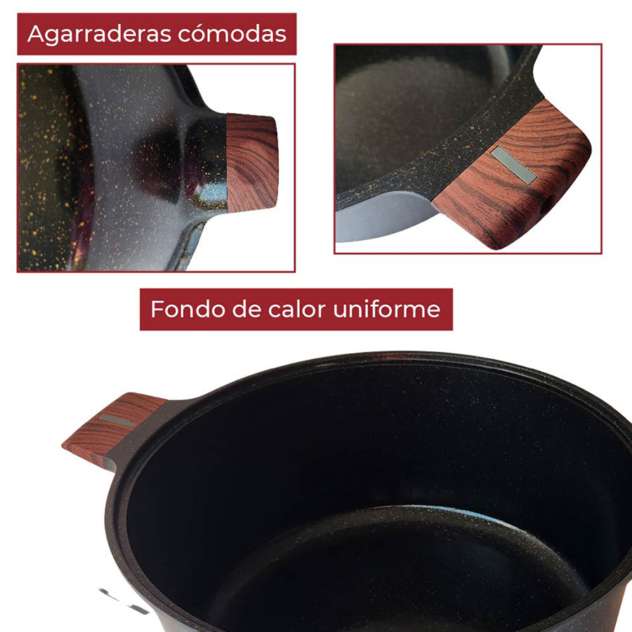 Cacerola Olla Antiadherente cubierta de granito mango tipo madera 32 cm