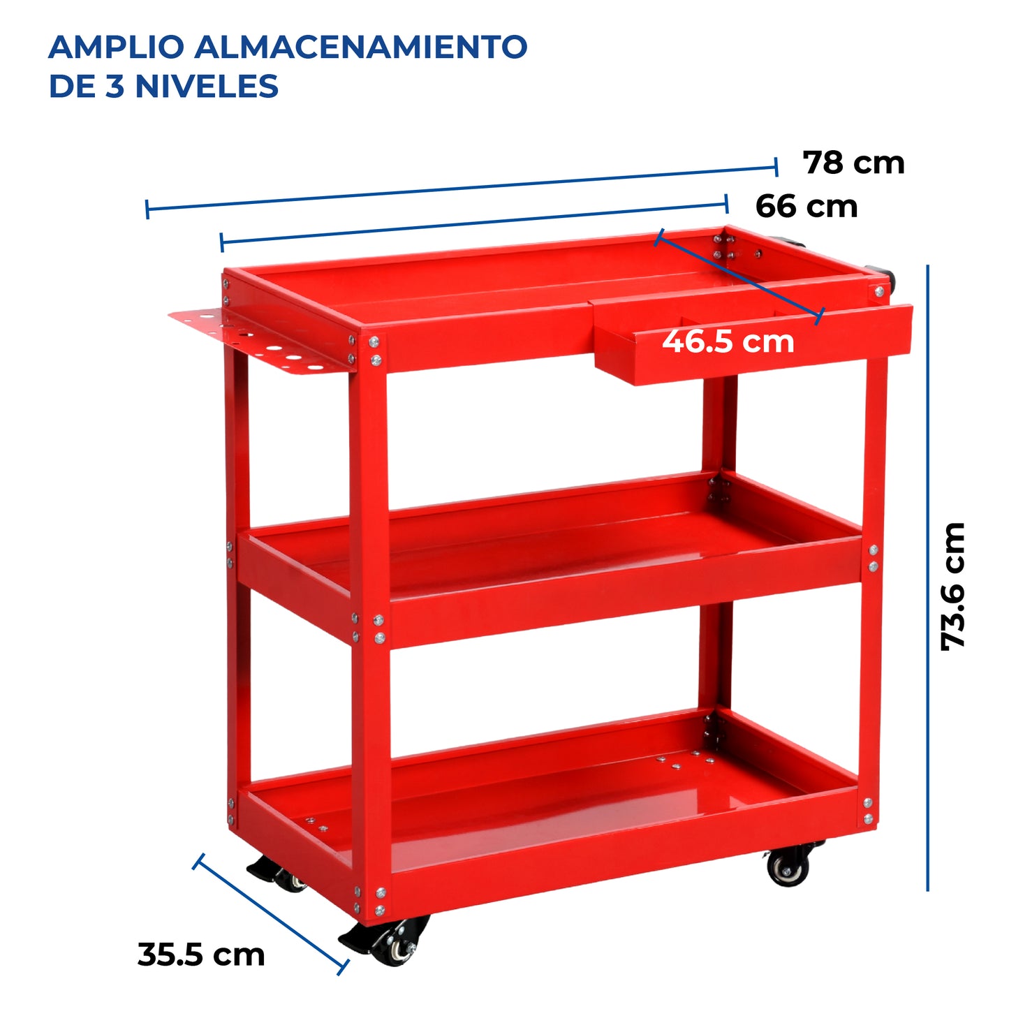 Carrito para Taller de Servicio mecánico Organizador de Herramientas con Ruedas con 3 Niveles
