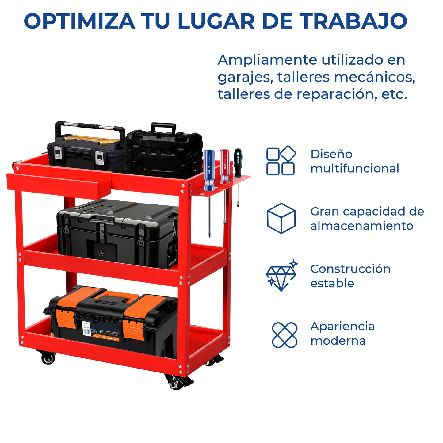 Carrito para Taller de Servicio mecánico Organizador de Herramientas con Ruedas con 3 Niveles