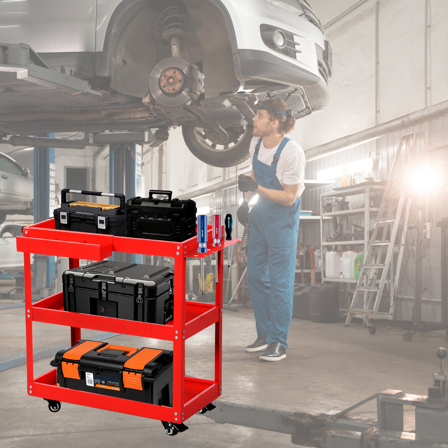 Carrito para Taller de Servicio mecánico Organizador de Herramientas con Ruedas con 3 Niveles