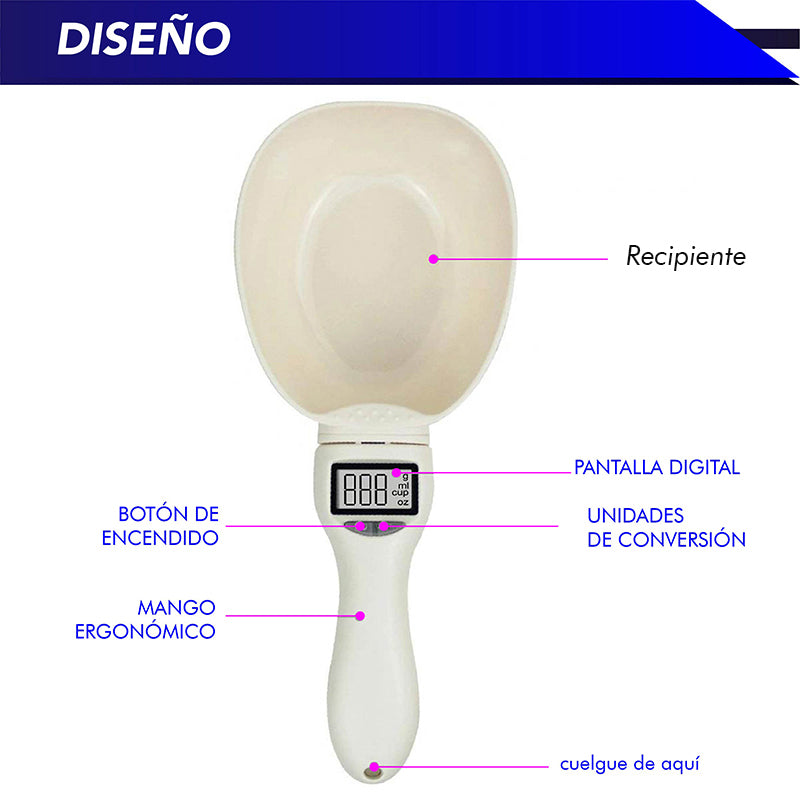 Bascula para mascotas cuchara digital, taza de pesaje de comida, báscula de cocina pesa hasta 800 gr/ 800 ml/ 28 oz/ 3.4