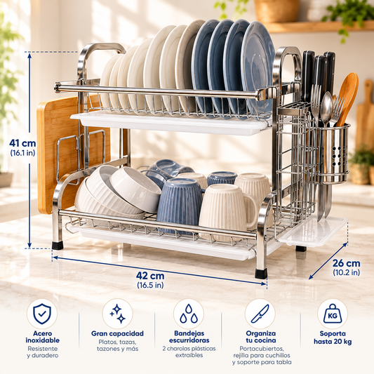Estante Para Secar Platos Escurridor 2 Niveles Acero Inoxidable