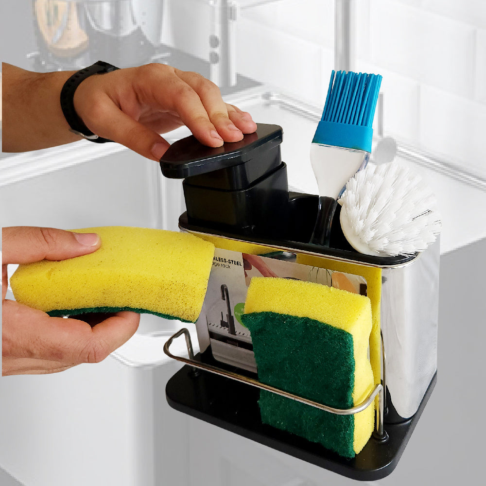 Dispensador de jabón líquido para Cocina con Porta Esponja y Accesorios para Fregadero