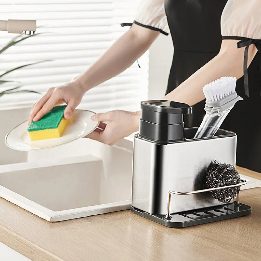 Dispensador de jabón líquido para Cocina con Porta Esponja y Accesorios para Fregadero