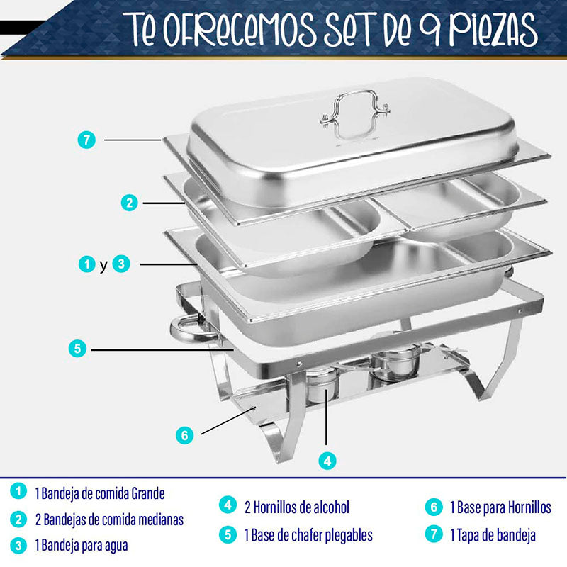 CHAFER BUFFET RECTANGULAR DE ACERO INOXIDABLE DE 9.5 L