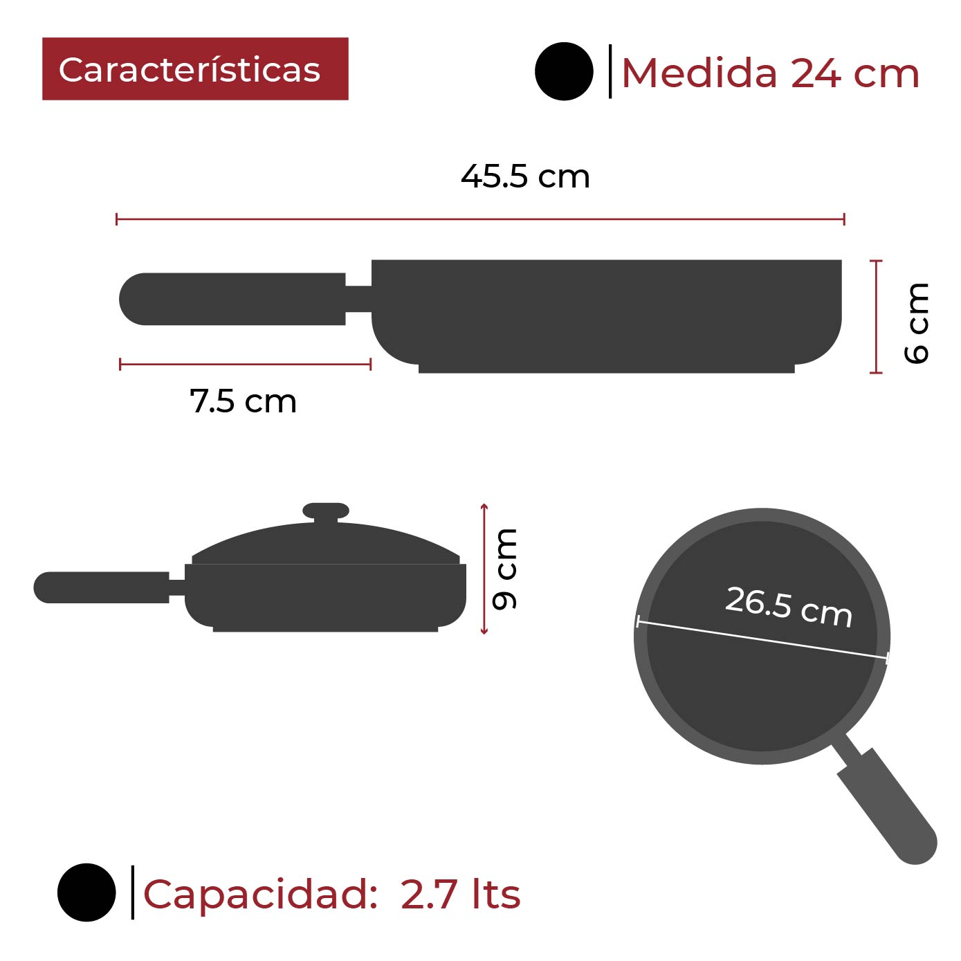 Sarten con tapa Antiadherente cubierta de granito mango tipo madera 24 cm