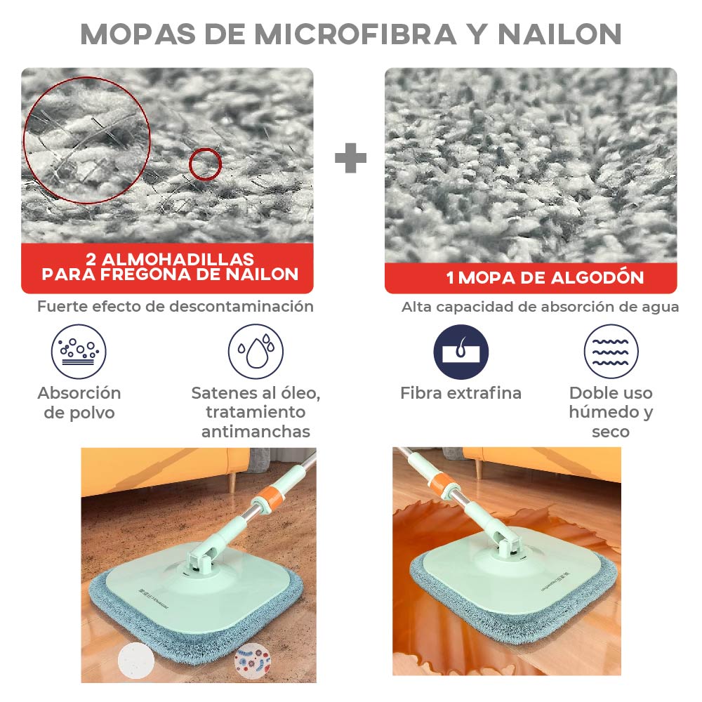 Cubeta Giratoria con trapeador con mopas Lavables Incluidas Verde