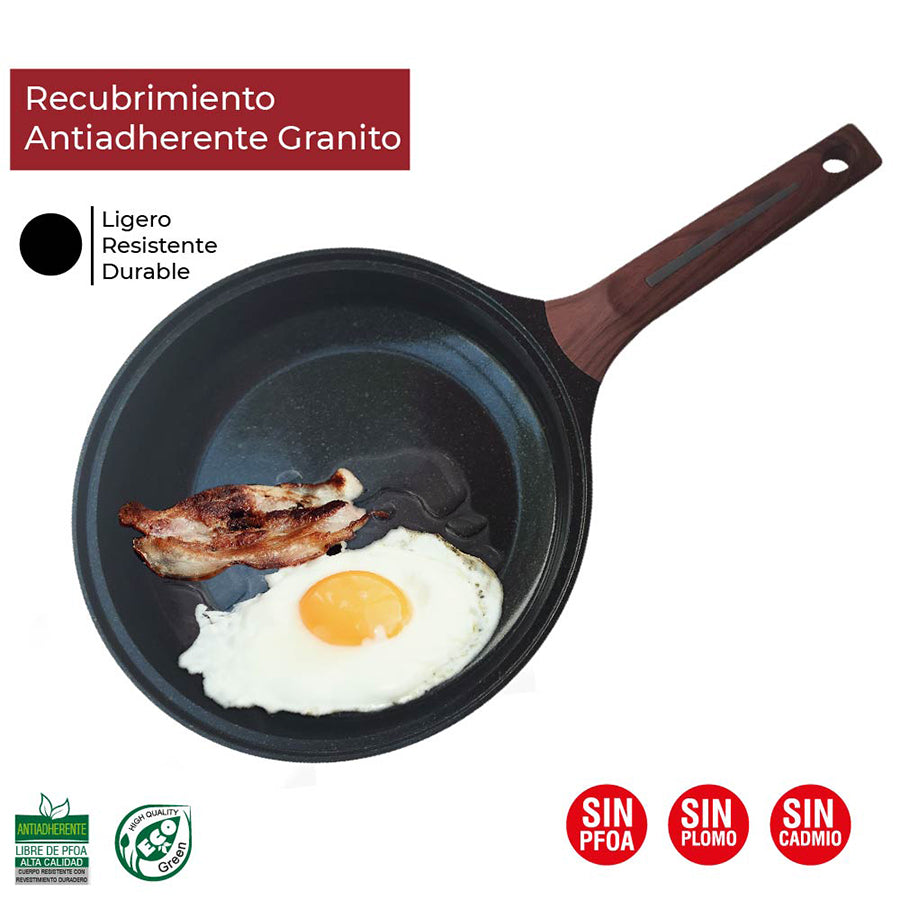 Sarten con tapa Antiadherente cubierta de granito mango tipo madera 24 cm