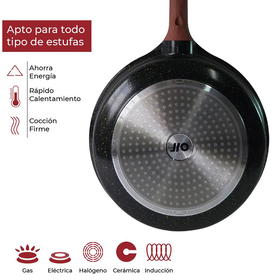 Sarten con tapa Antiadherente cubierta de granito mango tipo madera 24 cm