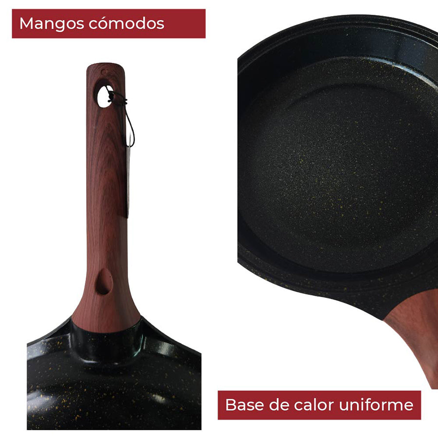 Sarten con tapa Antiadherente cubierta de granito mango tipo madera 24 cm