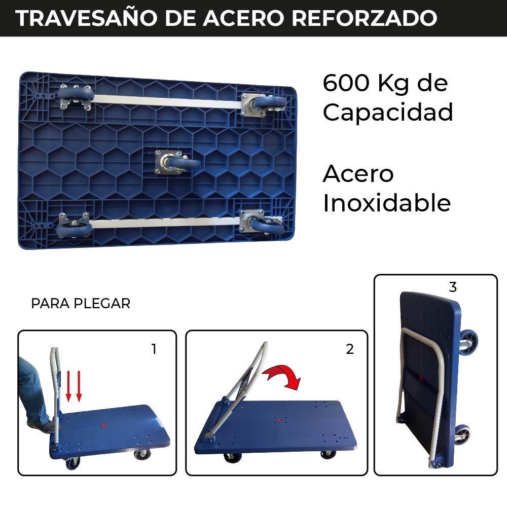 Carro Plataforma de Carga Plegable Carrito de Carga Manual con 3 Ruedas giratorias con Freno y 2 fijas Carro para Uso Rudo Carga 600 kg