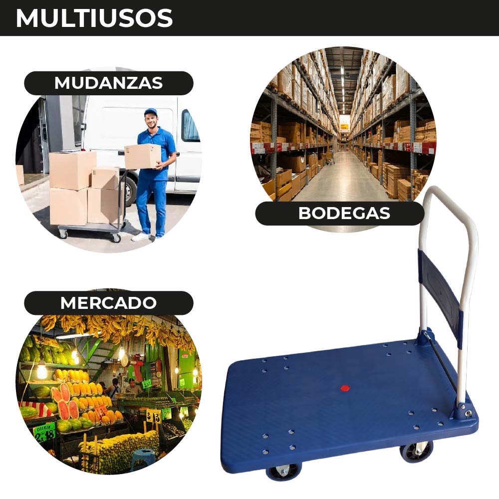 Carro Plataforma de Carga Plegable Carrito de Carga Manual con 3 Ruedas giratorias con Freno y 2 fijas Carro para Uso Rudo Carga 600 kg