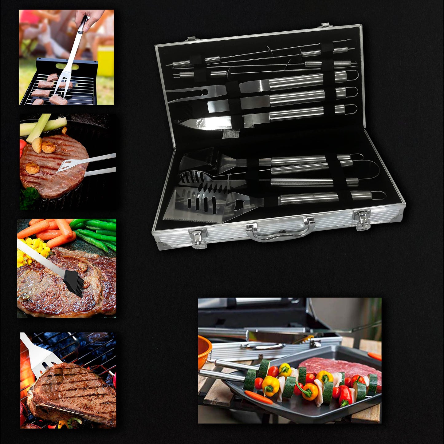 Utensilios de Barbacoa para Acampar y Picnic Juego de 10 Piezas de Acero Inoxidable con Maletín aluminio,(10 Piezas)