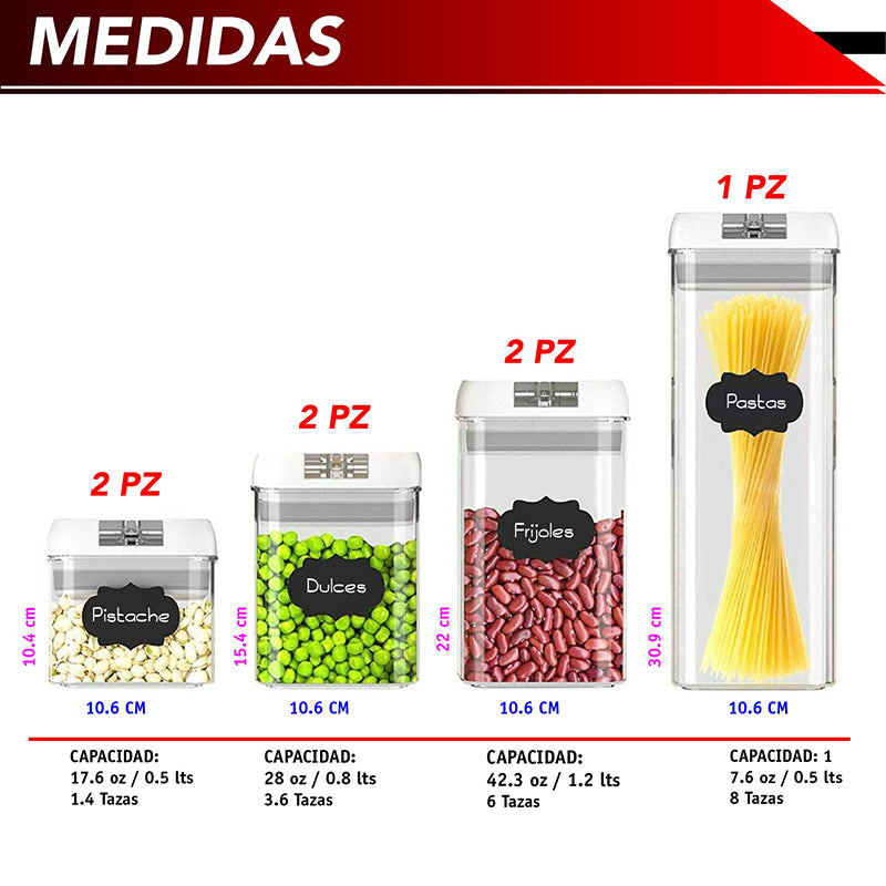 Set de 7 Recipientes con Tapas Herméticas para Almacenar Alimentos