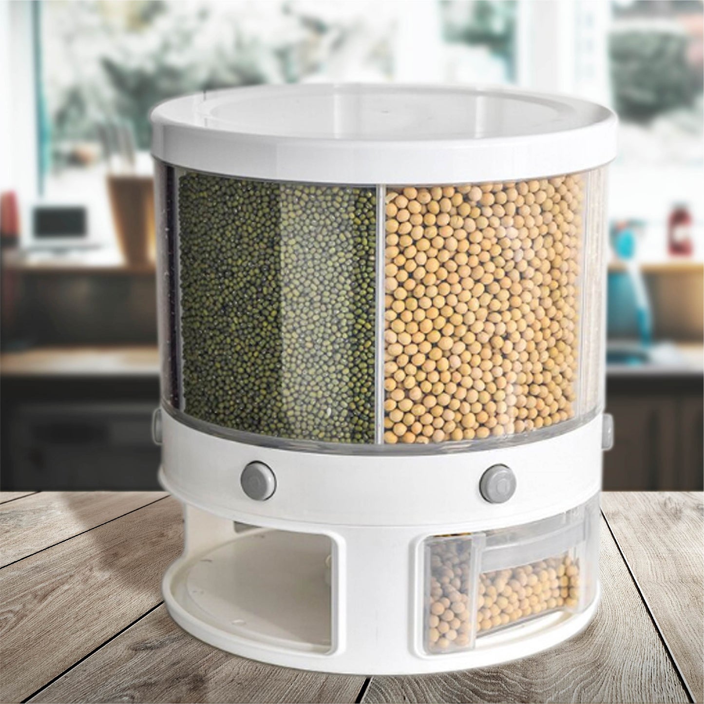 Dispensador de Semillas, Dispensador de Granos y alimentos secos, Dispensador con capacidad de 10 L. 6 separadores para mesa