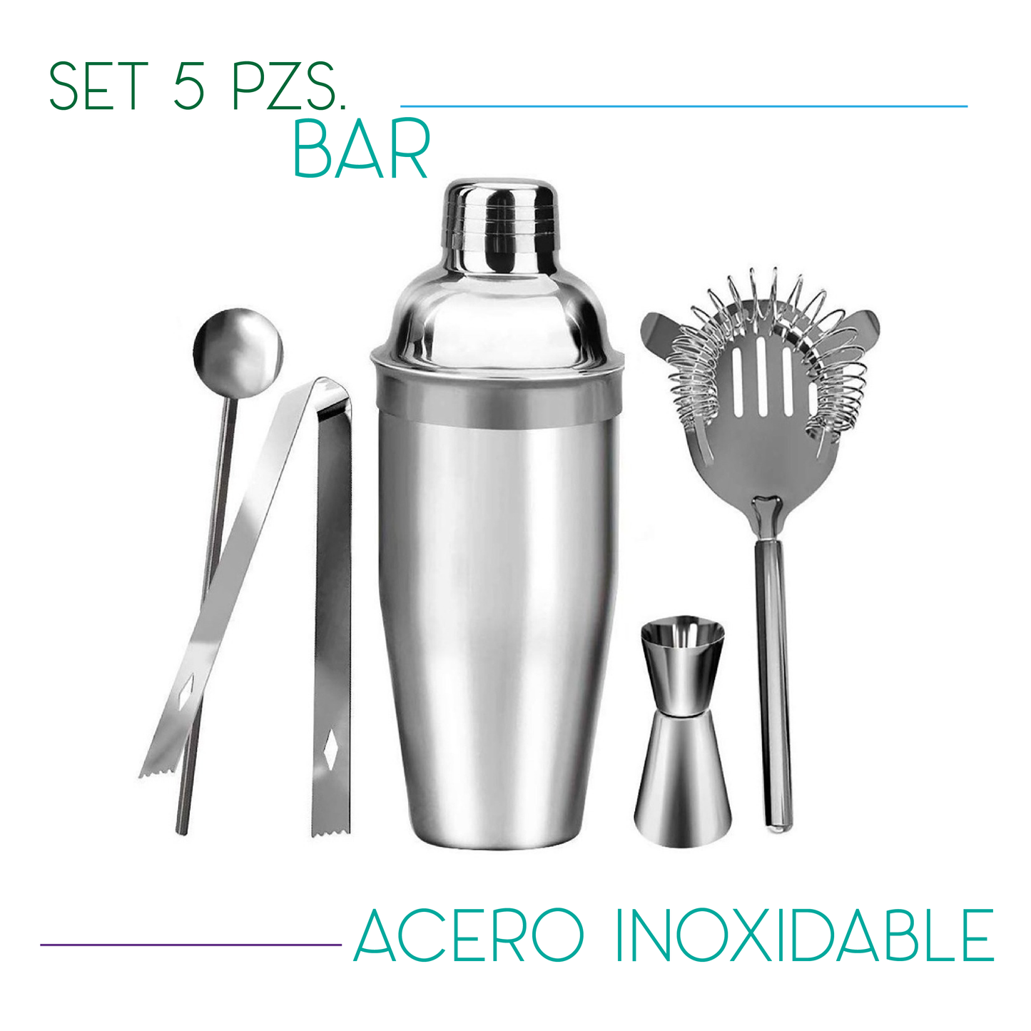 JUEGO DE BAR, SET DE 5 PIEZAS PARA BAR, MIXOLOGÍA, COCTELERAS ACERO INOXIDABLE