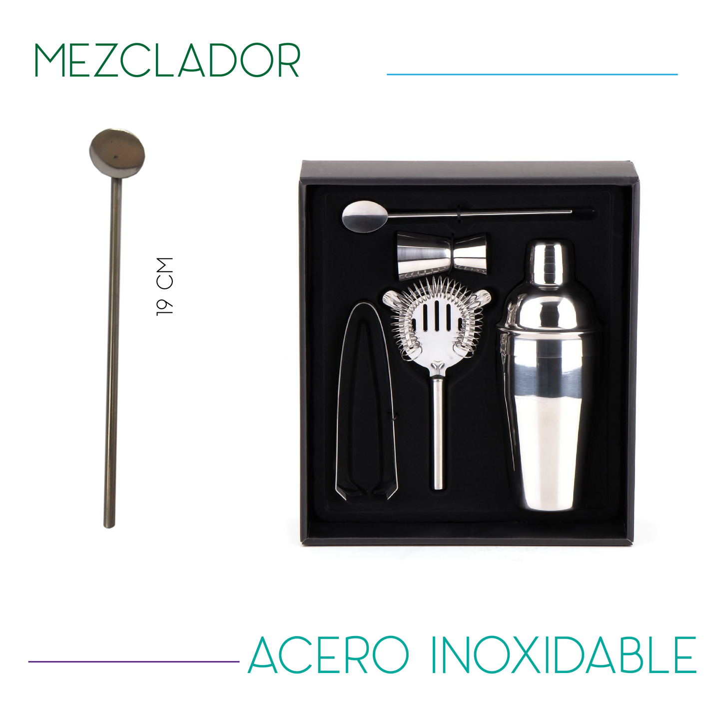 JUEGO DE BAR, SET DE 5 PIEZAS PARA BAR, MIXOLOGÍA, COCTELERAS ACERO INOXIDABLE