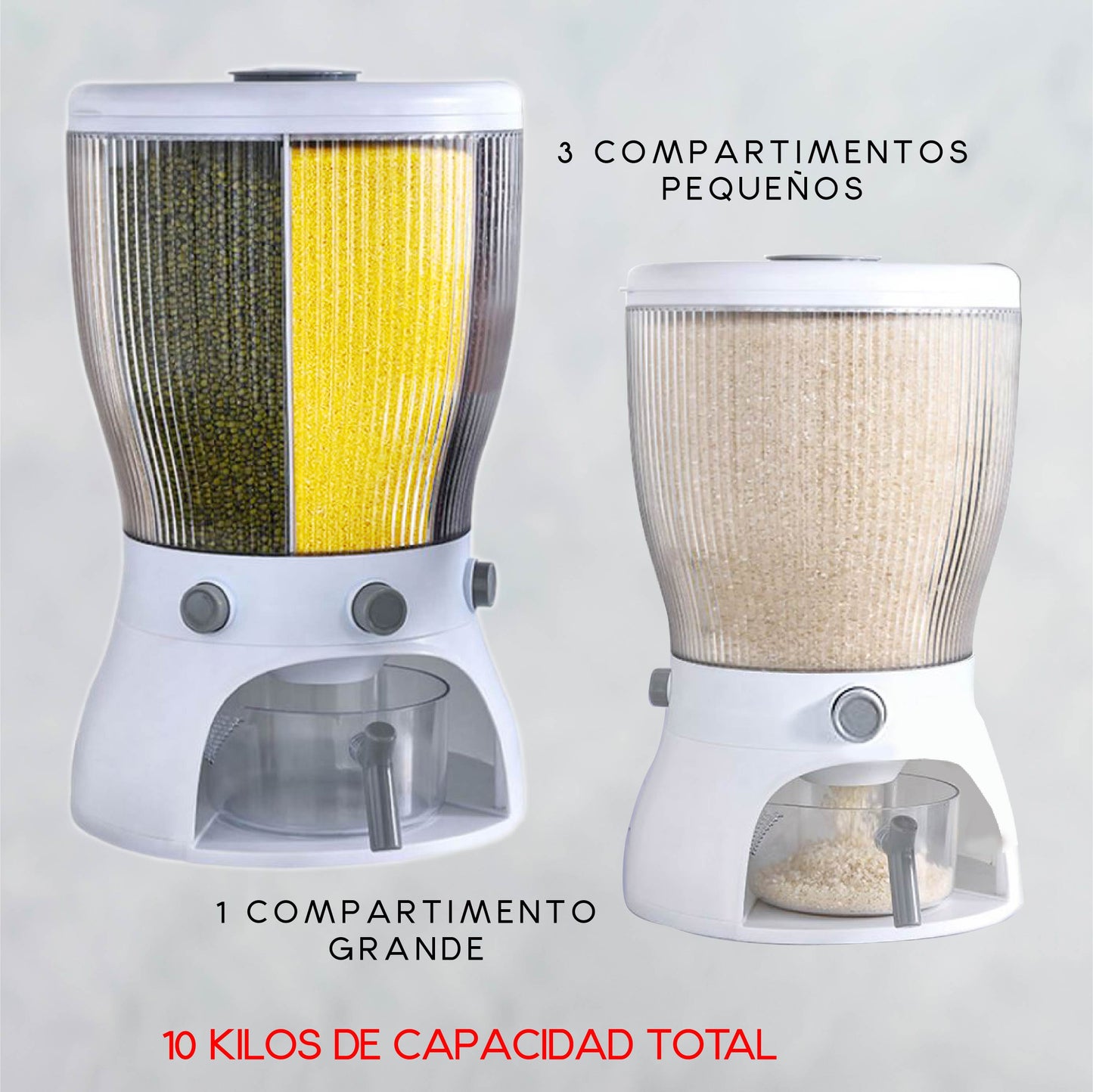 RD ROYAL COOK Dispensador de Semillas, Dispensador de Granos y alimentos secos, Dispensador con capacidad de 10 L. 4 separadores para mesa