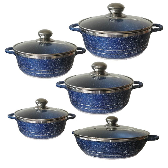 BATERÍA DE COCINA DE ALUMINIO RECUBRIMIENTO DE GRANITO 10 PZ AZUL