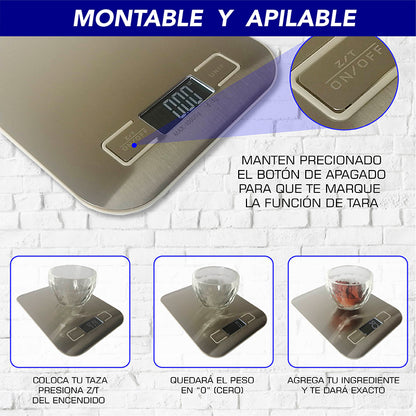 BASCULA DE COCINA DIGITAL MULTI ESCALA, HASTA 10 KGS ACERO INOXIDABLE (PILAS INCLUIDAS)