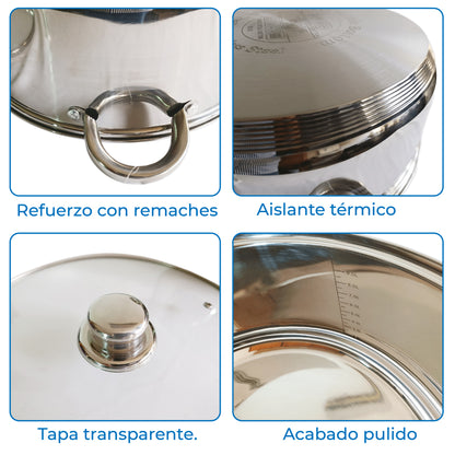 RD ROYAL COOK Juego de Ollas XL de Acero Inoxidable (8 Piezas)* | *Capacidad Profesional 6L a 11.5L* | Juego de Cacerolas con Tapas de Vidrio | *Apto para Inducción, Gas y Eléctrica* | Acero de Grado Alimenticio.