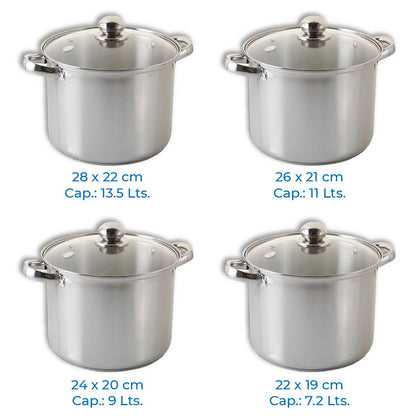 Ollas altas de acero inoxidable con tapas de cristal 8 piezas 28, 26, 24 y 22 cm