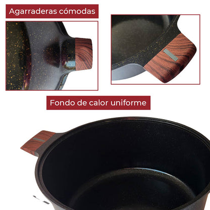 Cacerola Olla Antiadherente cubierta de granito mango tipo madera 32 cm