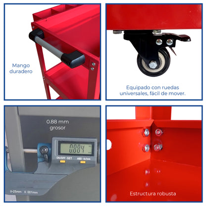 Carrito para Taller de Servicio mecánico Organizador de Herramientas con Ruedas con 3 Niveles