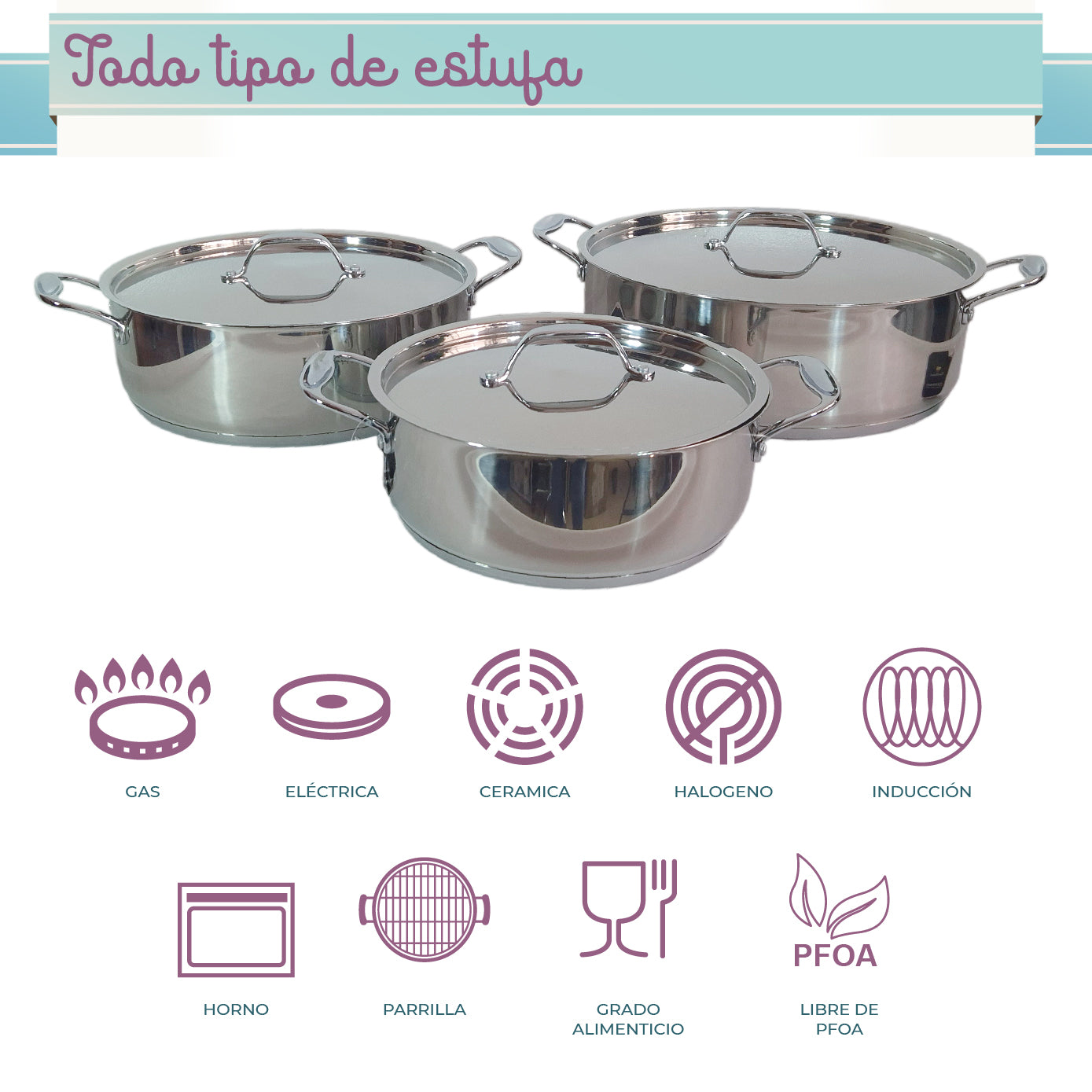 Batería RD Royal Cook Acero Inoxidable C/tapa 6 Piezas