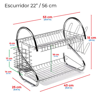 Escurridor 2 niveles para trastes de acero cromado (56 cm/ 22 in)