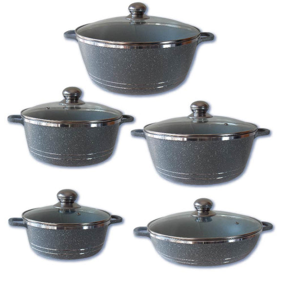 BATERÍA DE COCINA DE ALUMINIO RECUBRIMIENTO DE GRANITO 10 PZ GRIS