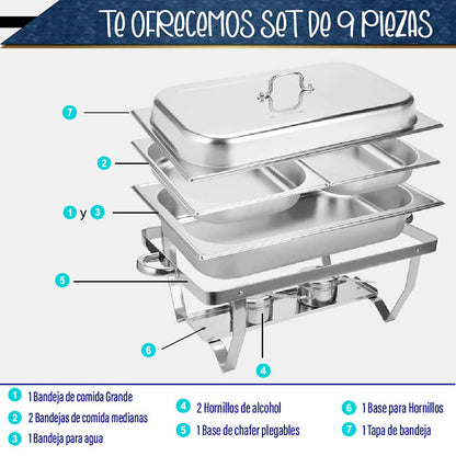 CHAFER BUFFET RECTANGULAR DE ACERO INOXIDABLE DE 9.5 L