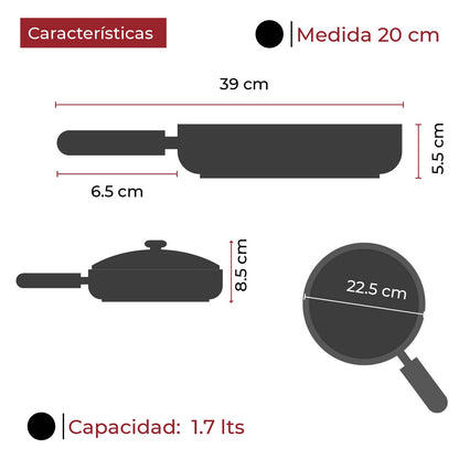 Sarten con tapa Antiadherente cubierta de granito mango tipo madera 20 cm