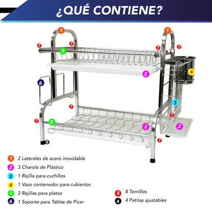 Estante Para Secar Platos Escurridor 2 Niveles Acero Inoxidable