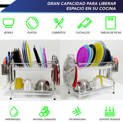 Estante Para Secar Platos Escurridor 2 Niveles Acero Inoxidable