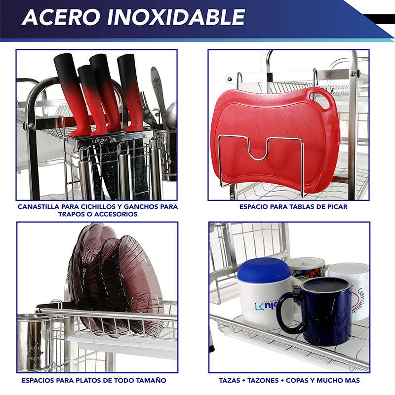 Estante Para Secar Platos Escurridor 2 Niveles Acero Inoxidable