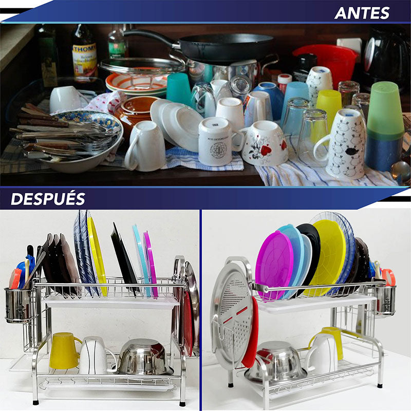 Estante para secar platos de 2 niveles, escurridor de platos