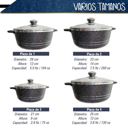 Bateria de 10 pz para cocina de Aluminio con recubrimiento de Granito (Negra)