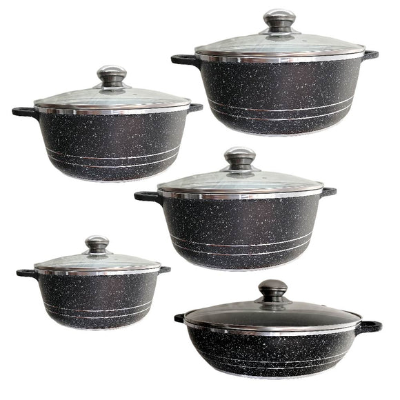 BATERÍA DE COCINA DE ALUMINIO RECUBRIMIENTO DE GRANITO 10 PZ NEGRO
