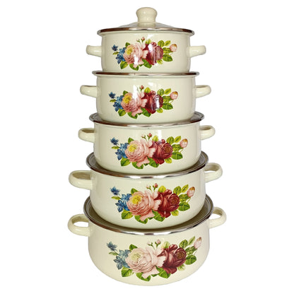 *RD ROYAL COOK Juego de Cacerolas Esmaltadas de Peltre (10 Piezas)* | Set de Ollas Apilables con Tapa | *Capacidades 1.1L a 4L* | Ideal para Cocinar, Servir y Guardar | *Diseño Vintage Higiénico*