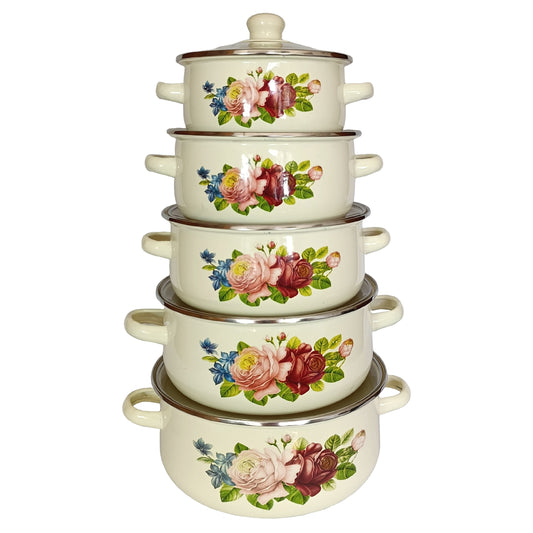 *RD ROYAL COOK Juego de Cacerolas Esmaltadas de Peltre (10 Piezas)* | Set de Ollas Apilables con Tapa | *Capacidades 1.1L a 4L* | Ideal para Cocinar, Servir y Guardar | *Diseño Vintage Higiénico*