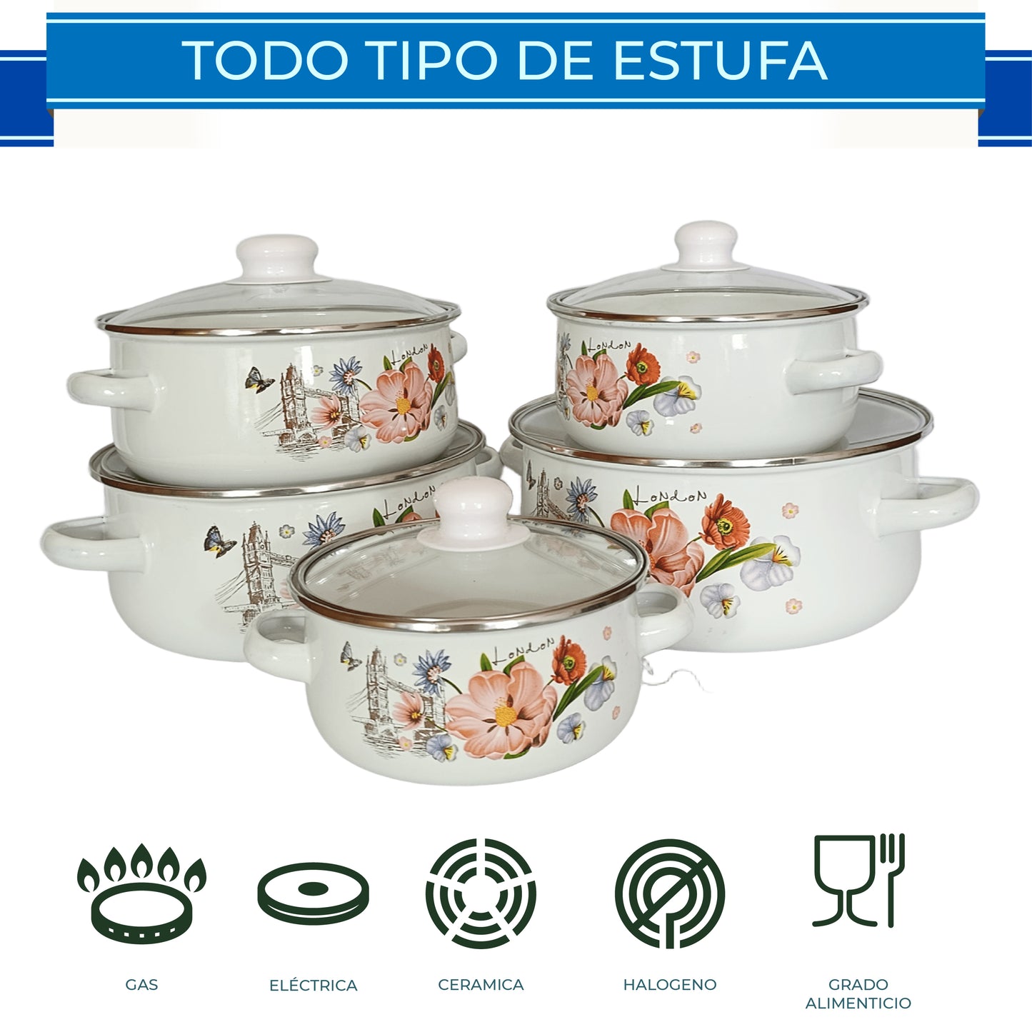 *RD ROYAL COOK Juego de Cacerolas Esmaltadas de Peltre (10 Piezas)* | Set de Ollas Apilables con Tapa | *Capacidades 1.1L a 4L* | Ideal para Cocinar, Servir y Guardar | *Diseño Vintage Higiénico*