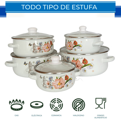 *RD ROYAL COOK Juego de Cacerolas Esmaltadas de Peltre (10 Piezas)* | Set de Ollas Apilables con Tapa | *Capacidades 1.1L a 4L* | Ideal para Cocinar, Servir y Guardar | *Diseño Vintage Higiénico*