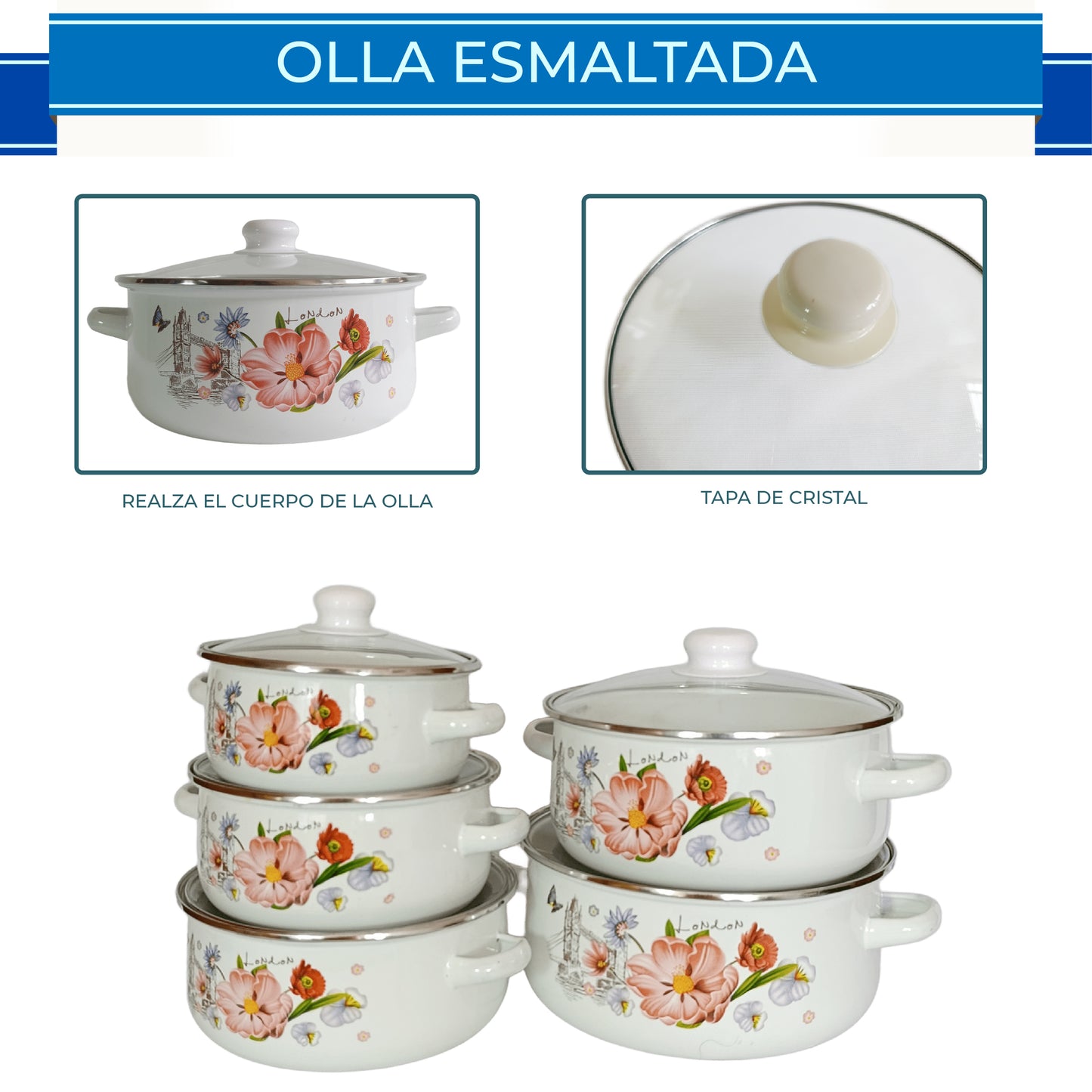 *RD ROYAL COOK Juego de Cacerolas Esmaltadas de Peltre (10 Piezas)* | Set de Ollas Apilables con Tapa | *Capacidades 1.1L a 4L* | Ideal para Cocinar, Servir y Guardar | *Diseño Vintage Higiénico*