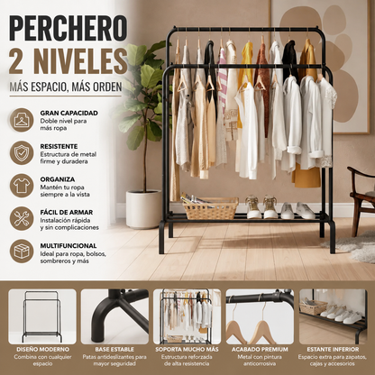 Perchero Doble 2 Niveles Para Ropa | Rack Organizador Metálico Tipo Closet