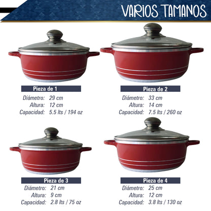 Bateria de 10 pz para cocina de Aluminio con recubrimiento de Granito (roja)